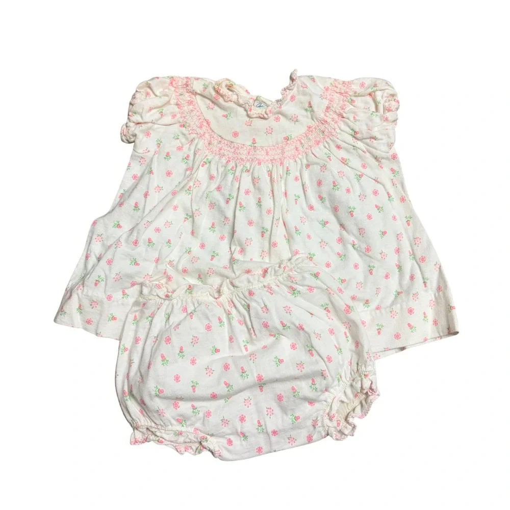Vintage Carters Baby Girl Pink Floral Smocked Top and Diaper Cover Set 1YR 12M